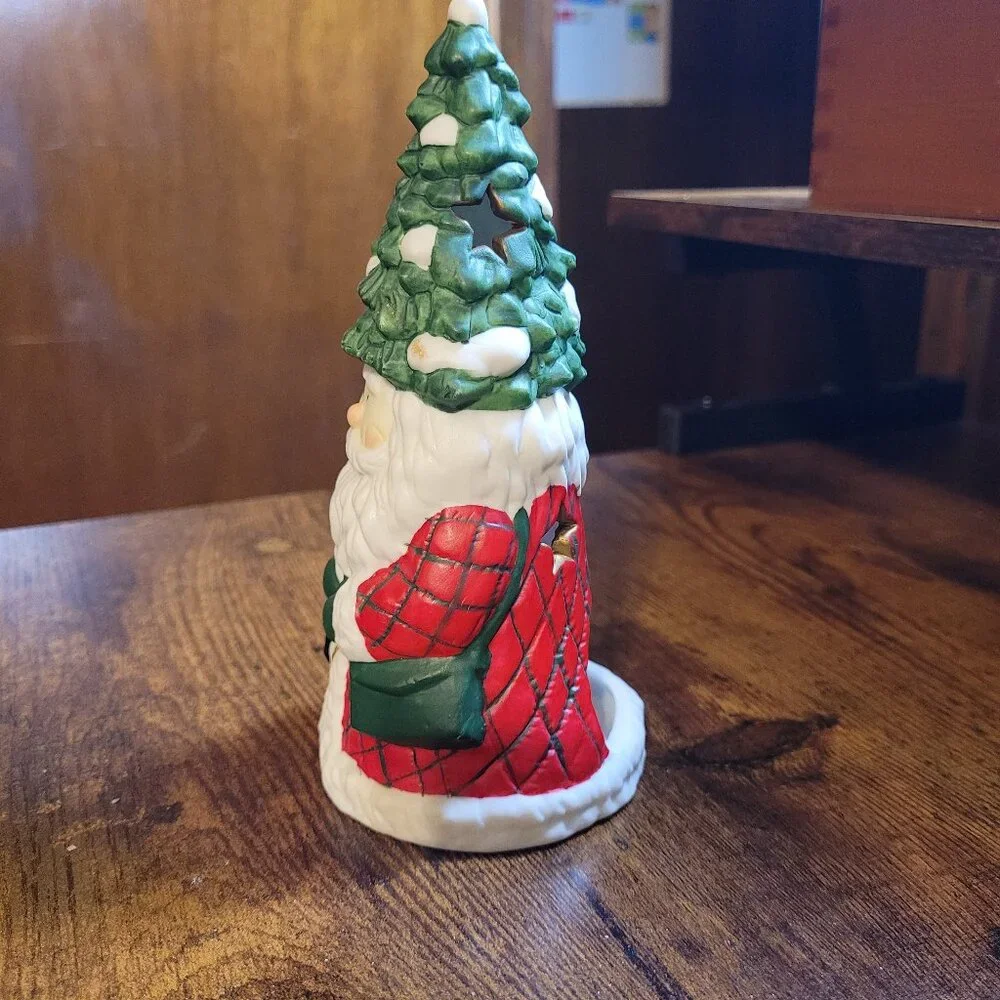 Joyful Christmas Wishes Red Glass & Santa Claus Tree Porcelain Candle Holder